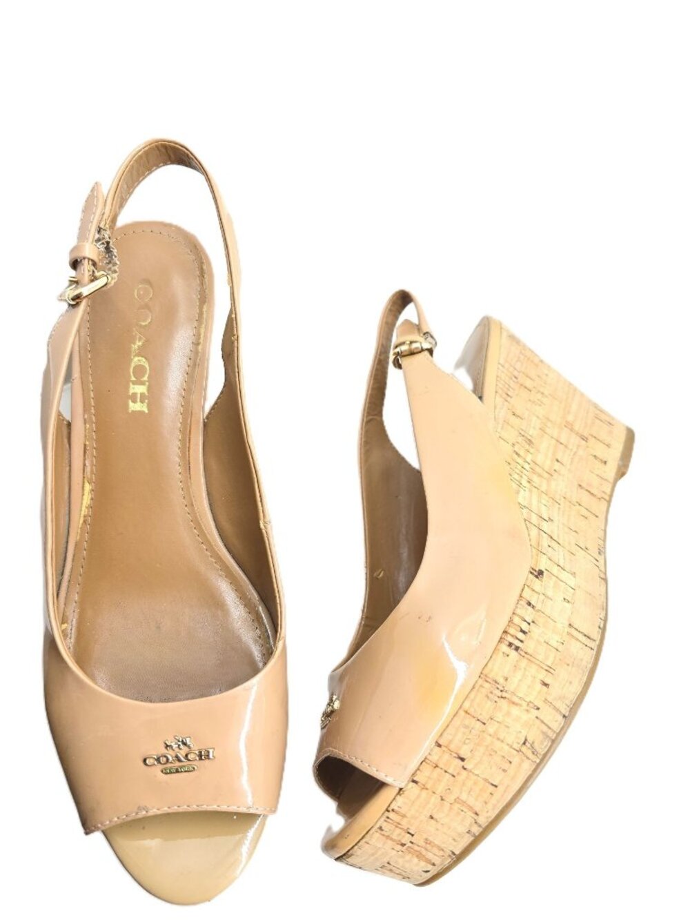 Coach Tan Patent Leather Peep Toe Cork Wedge Heel Slingback Heels Women Size 8